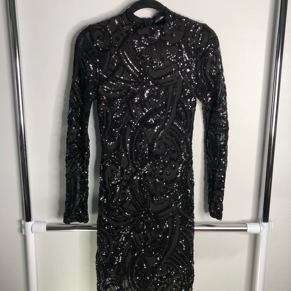 Fashion Nova Black Sequin Long Sleeve Bodycon Medium Dress